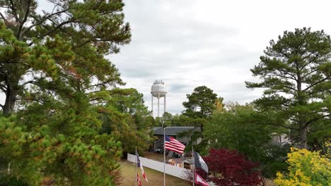 Drone-shot-of-a-water-tower-through-trees