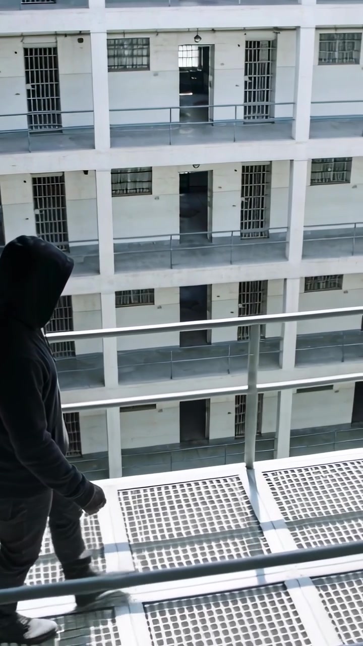 Video verticale: Uomo incappucciato che entra da sinistra, cammina su una passerella verso il centro, toccando la ringhiera, con spazio per il testo.