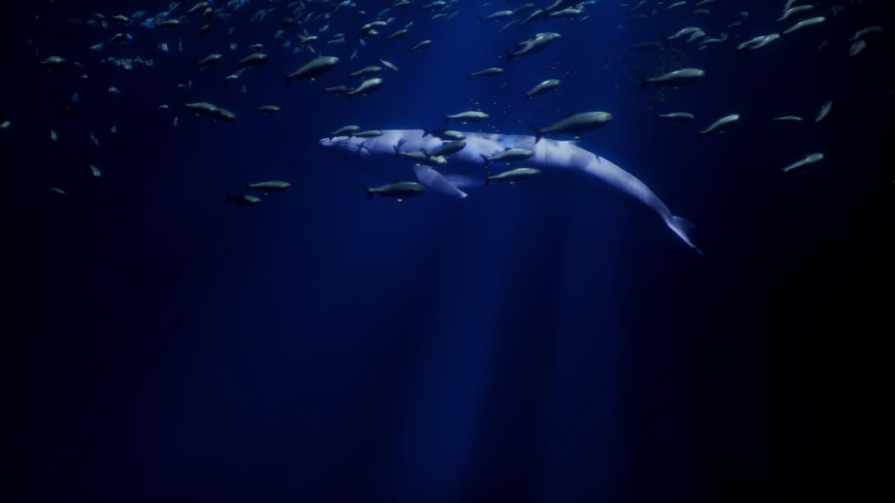 Majestic whale swimming gracefully amidst a school of fish in deep ocean