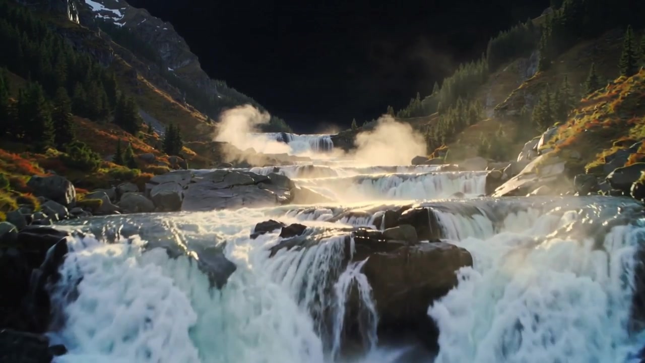 Telecamera che avanza rivelando una cascata a più livelli che scorre in una valle alpina, con nebbia illuminata dal sole che si innalza.