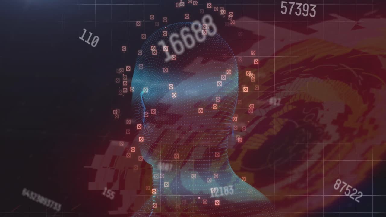 스 ⁇  스캐닝의 애니메이션, 인간의 머리 위에서 변화하는 숫자가 배경에서 그리드에서 회전합니다.