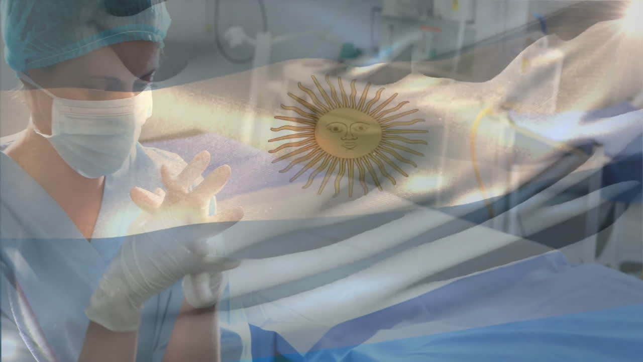 Healthcare worker in scrubs with Argentine flag animation, symbolizing medical dedication