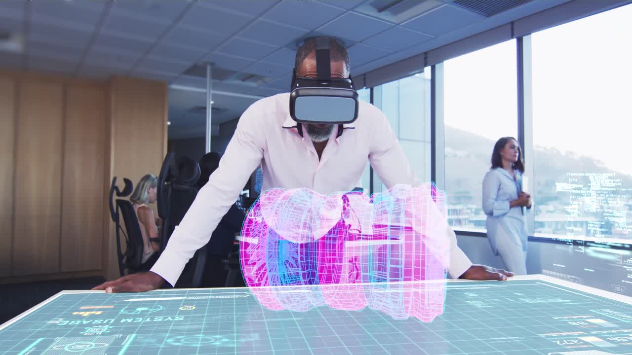 Animation of a businessman wearing a VR headset with a 3d plan on a table