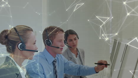animation of networks of connections over business people using phone headsets
