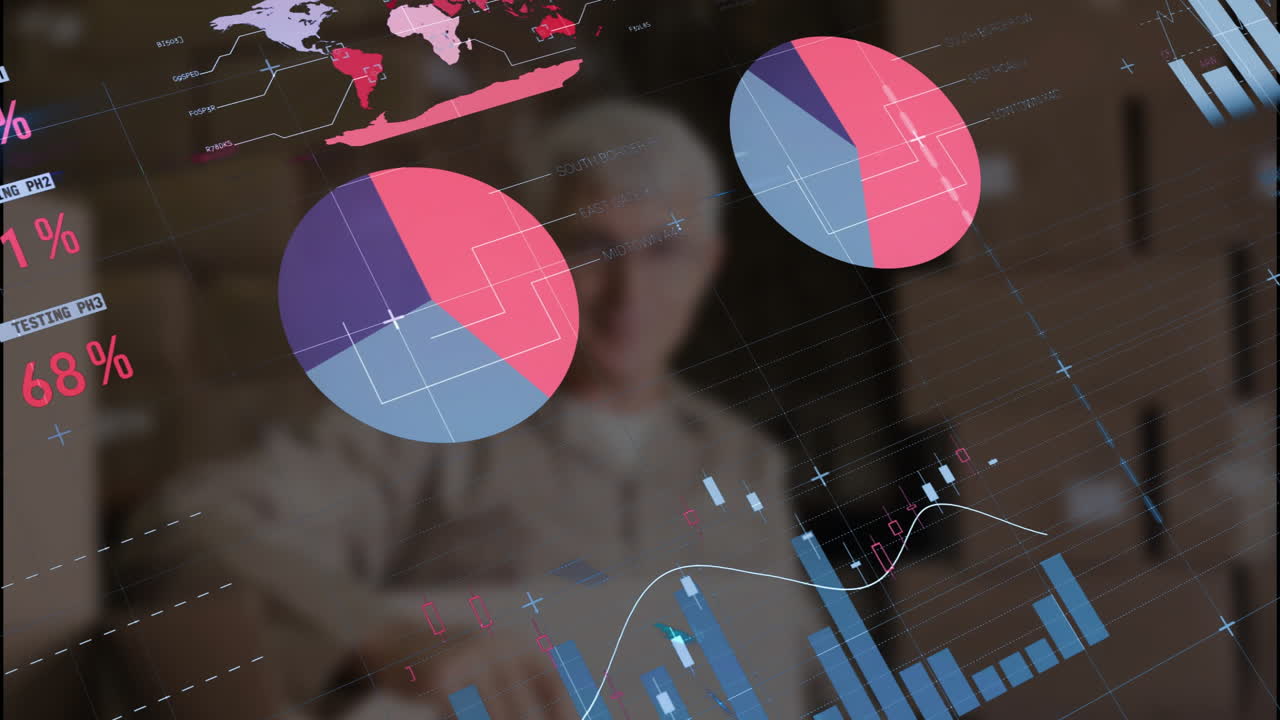 Creating animation of pie charts and graphs, person working in office with laptop