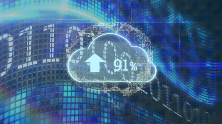 Animation of digital cloud and numbers growing over data processing