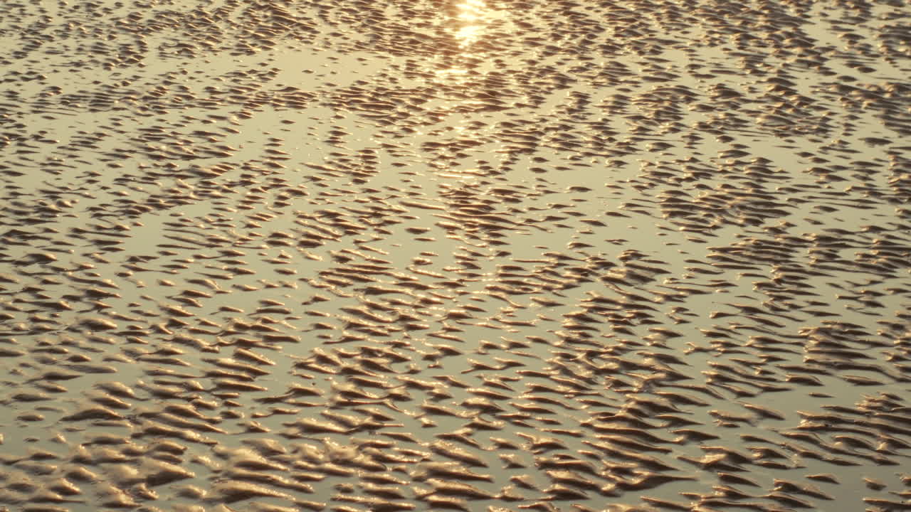 Golden beach at sunset with inspiring sand patterns, peaceful and calm