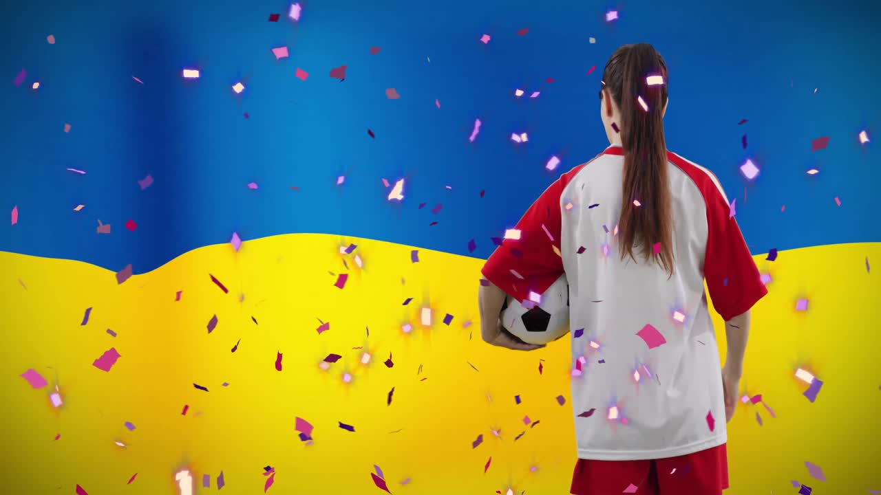 animación de una jugadora de fútbol caucásica sobre la bandera de ucrania.