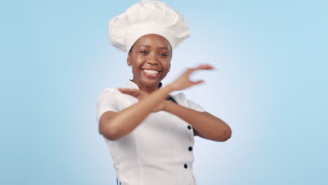 chef, cara y sonrisa de la mujer en el estudio