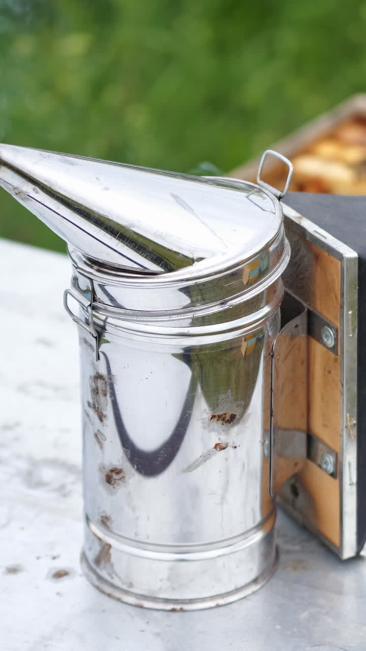 Selective focus on steel new beesmoker on the top of a hive. Hardworking bees fly over hives. Vertical video