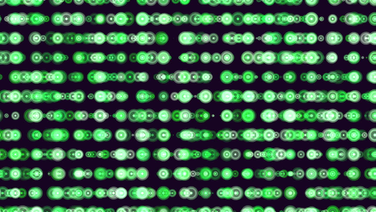 Animated green luminous dots and bokeh circles moving in horizontal lines on dark background, ideal for technology, data flow, network, and cyber themes