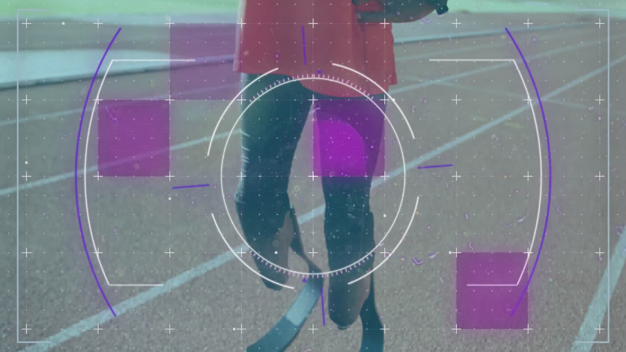 레이스 트랙에서 달리기 블레이드를 가진 장애인 남성 운동 선수에 대한 디지털 데이터 처리 애니메이션