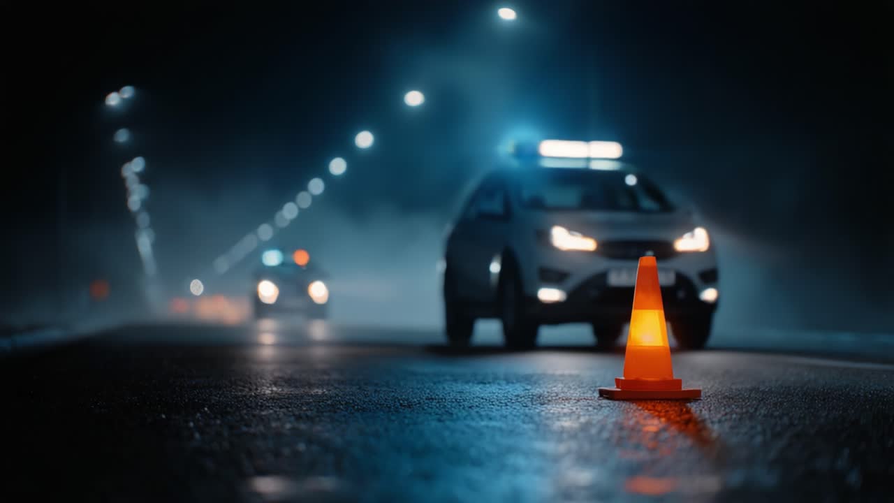 A nighttime scene featuring illuminated traffic cones and approaching vehicles on a foggy road, highlighting emergency situations and road safety measures