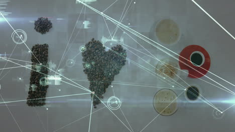 coffee beans forming i and heart shapes beside four coffee cups showing data network overlay