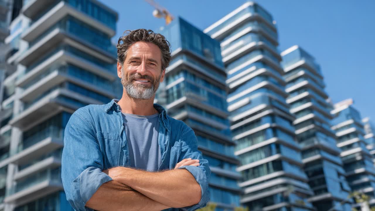 Confident Man Smiling in Front of Modern Architecture Amid Clear Blue Skies, Showcasing Contemporary Urban Living and Innovative Design Elements in Urban Landscape