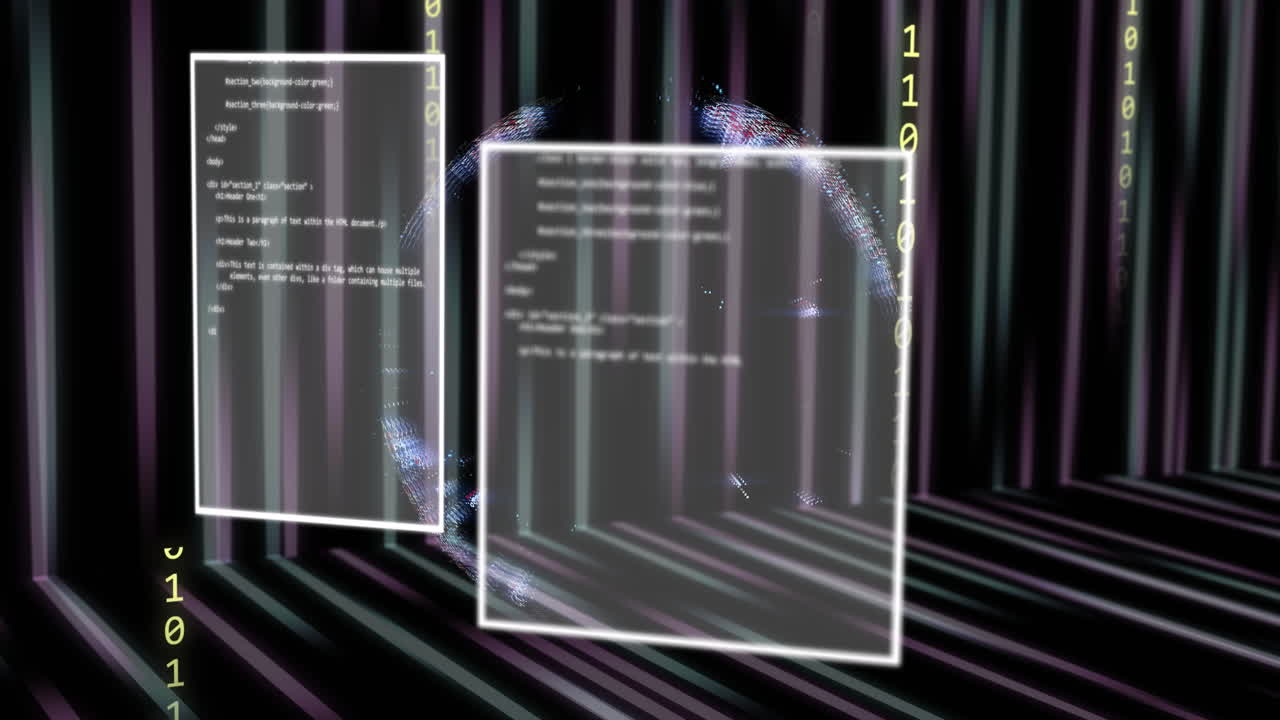 Animation of binary coding and data processing over globe