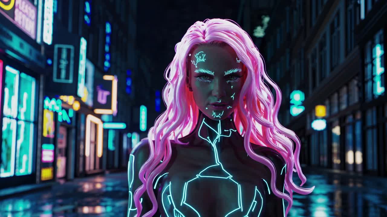 mujer cyberpunk en la ciudad de neón