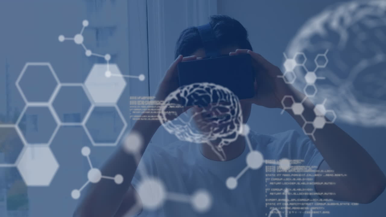 Dati scientifici con uomo che indossa un visore VR sullo sfondo 4k