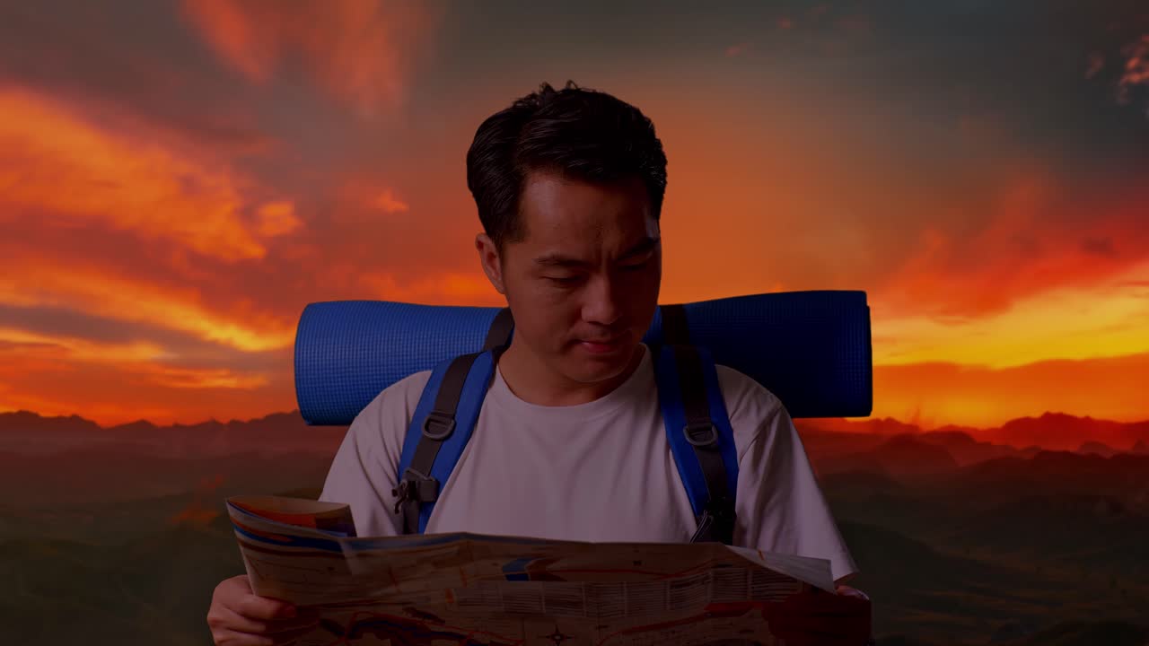 hombre caminando con un mapa al atardecer