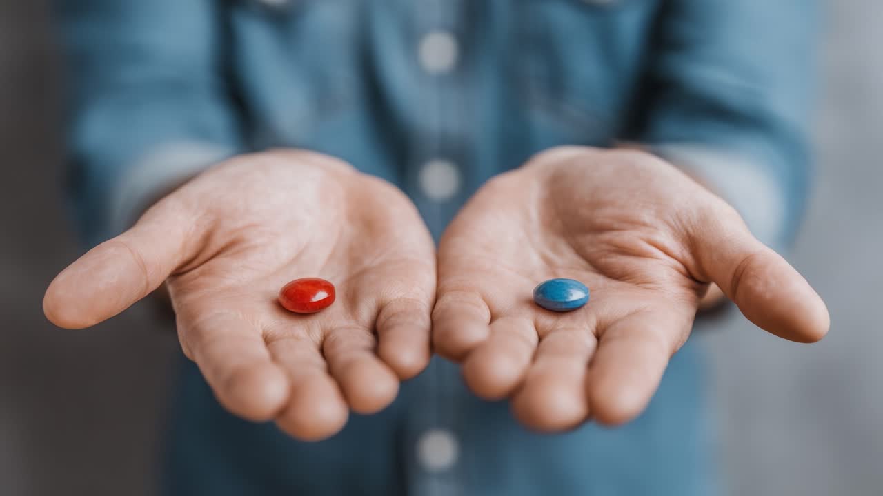 A Thought-Provoking Choice: The Red and Blue Pills Symbolize Diverging Paths, Representing Different Decisions and Their Impact on Personal Journeys of Discovery and Change