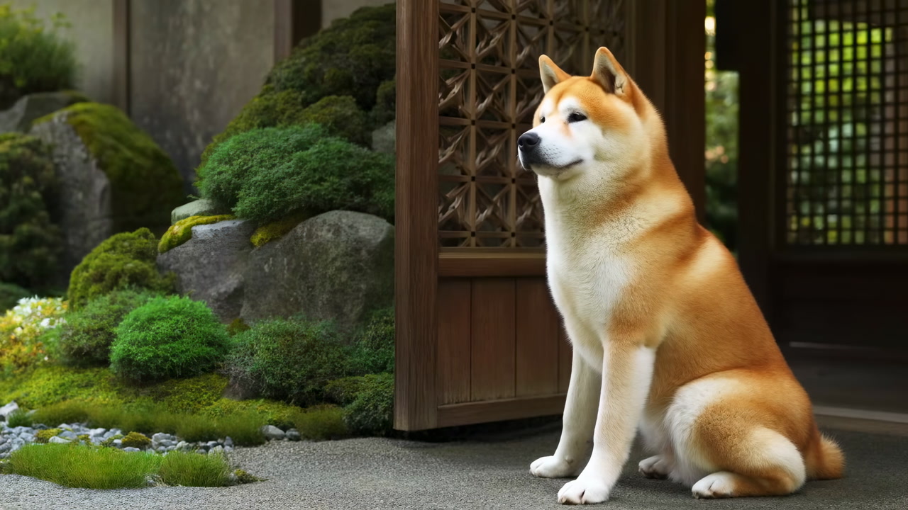 Shiba Inu Sitting In Zen Garden, Mosscovered Rocks And Wooden Lattice Door, Warm Morning Light, Attentive Calm
