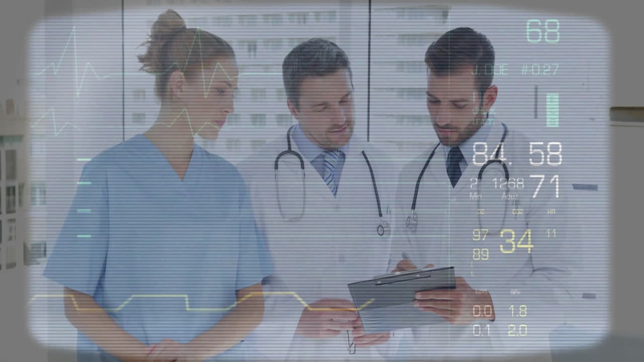 Medical data and vital signs animation over doctors discussing patient information