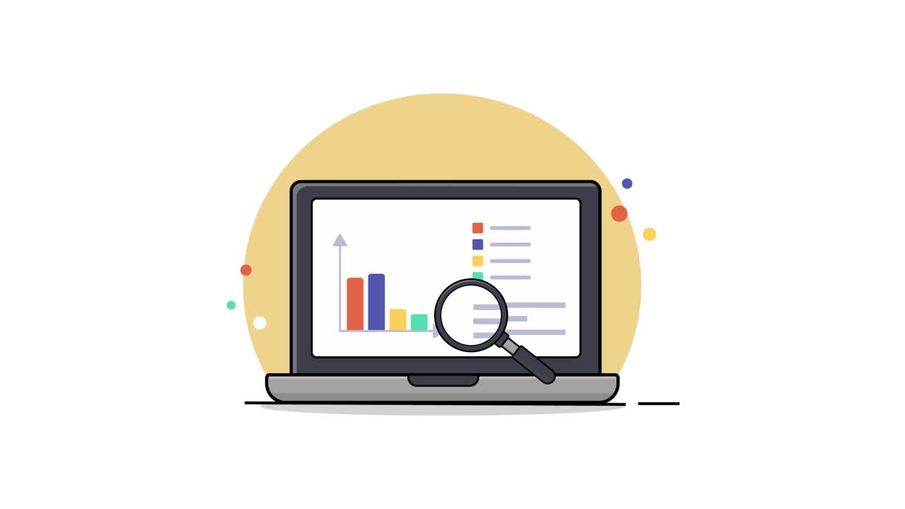 Animated Laptop Displaying Data Analysis with Magnifying Glass