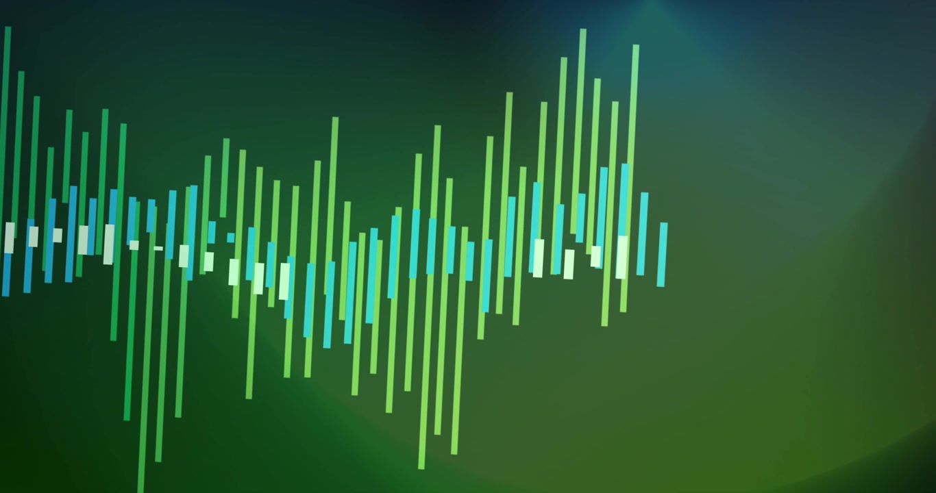 Audio waveform reacting to music beat, expanding across green gradient with cyan teal lime bars