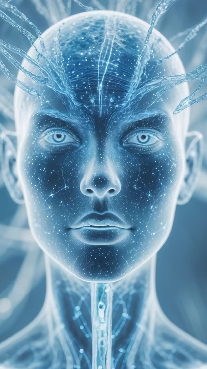 Vertical video: Pulsing neural net activating humanoid head revealing fiber-optic tendrils in lab