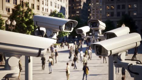 surveillance cameras overseeing a bustling urban square, capturing the constant flow of pedestrians in a vibrant city life setting