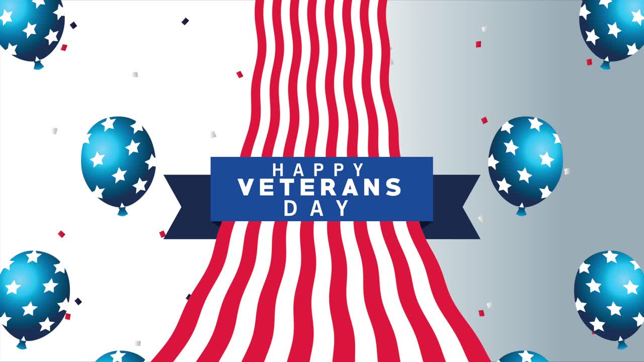 리본 프레임과 헬 풍선으로 행복한 참전용사 날 글자 애니메이션