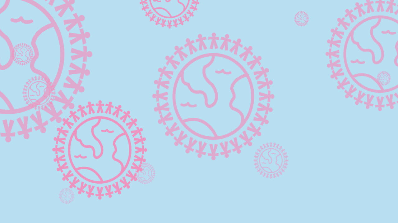 Animation of multiple pink globe logo flying on blue background