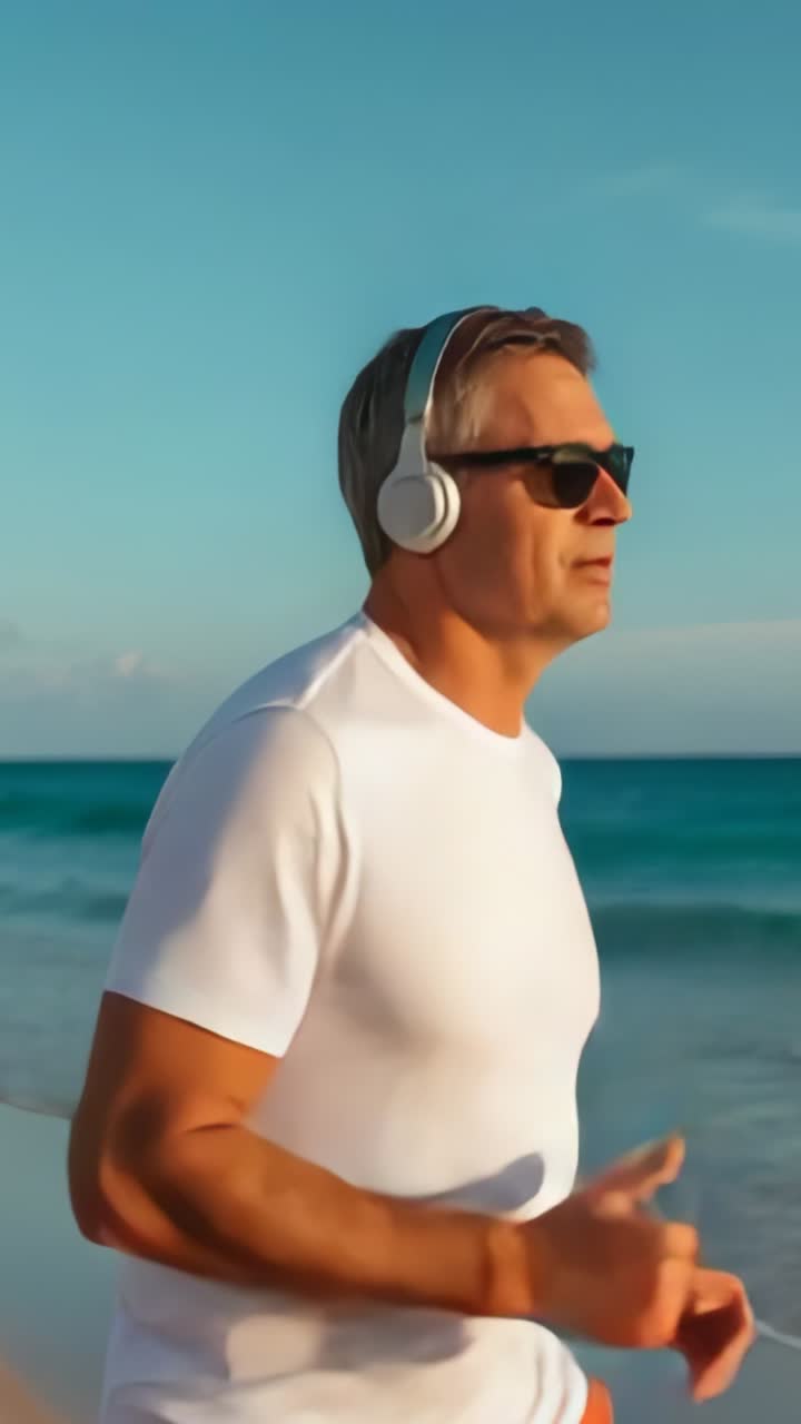 Vertical video: Jogging runner pacing shore at beach for fitness, headphones, sunglasses