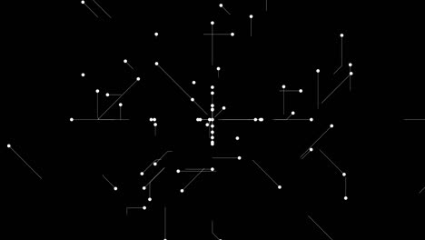 animation of white dots and lines spreading over black background, electrical conduit pipe, circuit board micro chip and subatomic particle concept