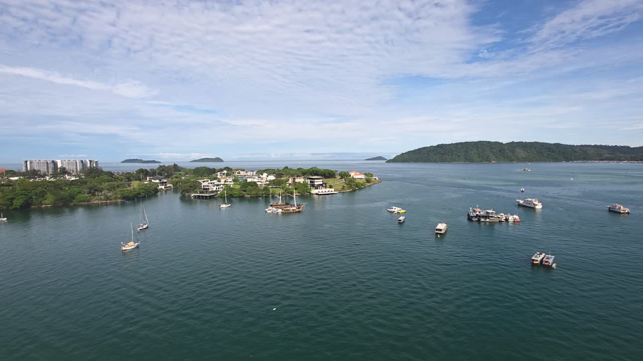 Panorama Of Sea, Boats, And Islands From Kota Kinabalu Marriott Hotel In Kota Kinabalu, Sabah, Malaysia. - wide shot