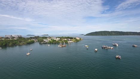 panorama of sea, boats, and islands from kota kinabalu marriott hotel in kota kinabalu, sabah, malaysia. - wide shot