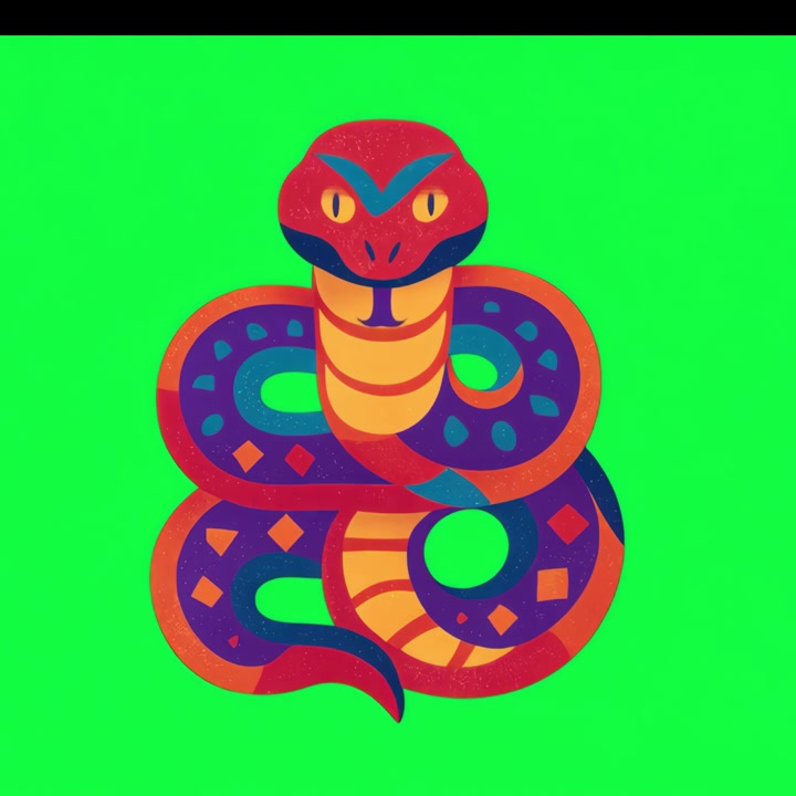 Illustrazione animata di un serpente colorato su schermo verde.