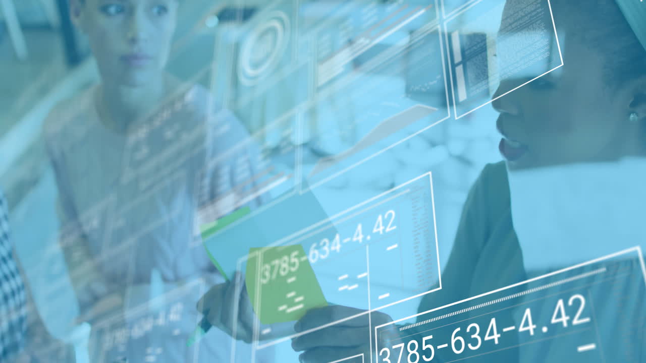 Animation of financial data processing over diverse business people in office