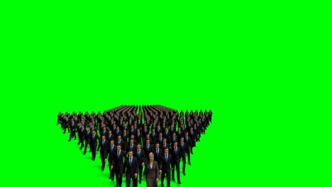 businessmen with a businesswoman in front forming arrow shape pointing right, 4k, against green screen