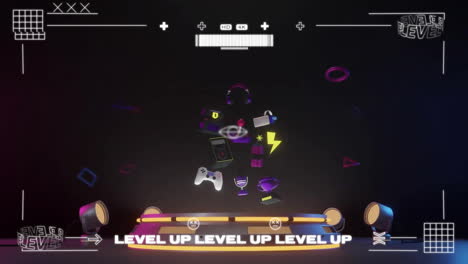 animation of level up texts and gaming icons over shapes on black background