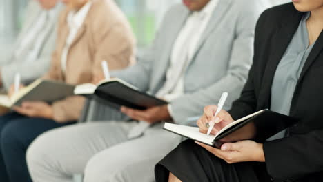 workshop, hands or business people writing notes