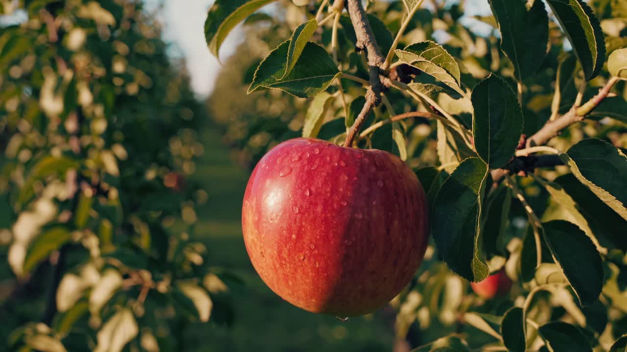 Close-up video of a ripe apple hanging from a tree branch, shot at eye level
