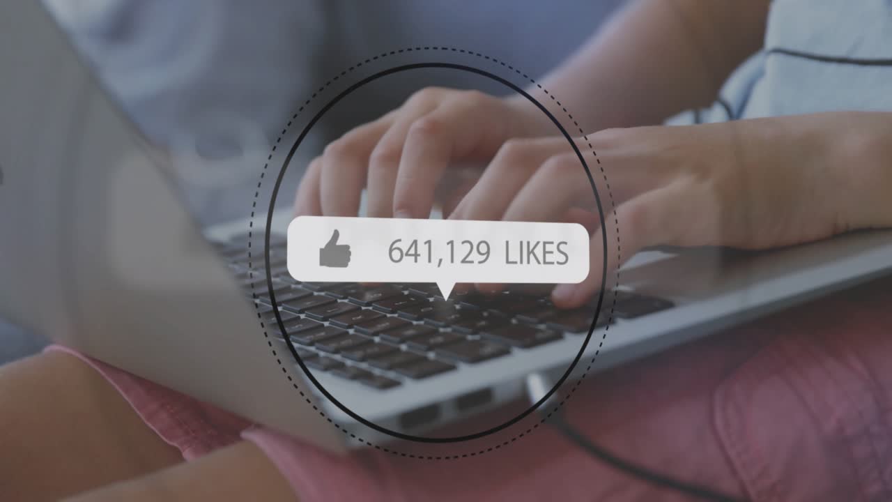 child pressing key, animated circular graphic pulsing while like counts updating to show engagement