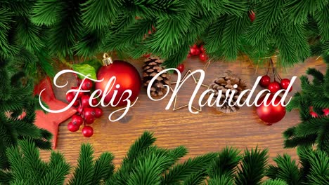 animation of feliz navidad christmas greetings text over christmas tree and decorations