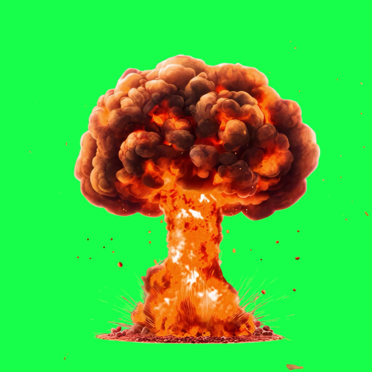 Explosive fiery mushroom cloud illustration animation, transparent 4K video, green screen