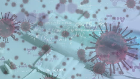 animación de células macro covid-19 y ecuaciones matemáticas flotando sobre las máscaras de coronavirus