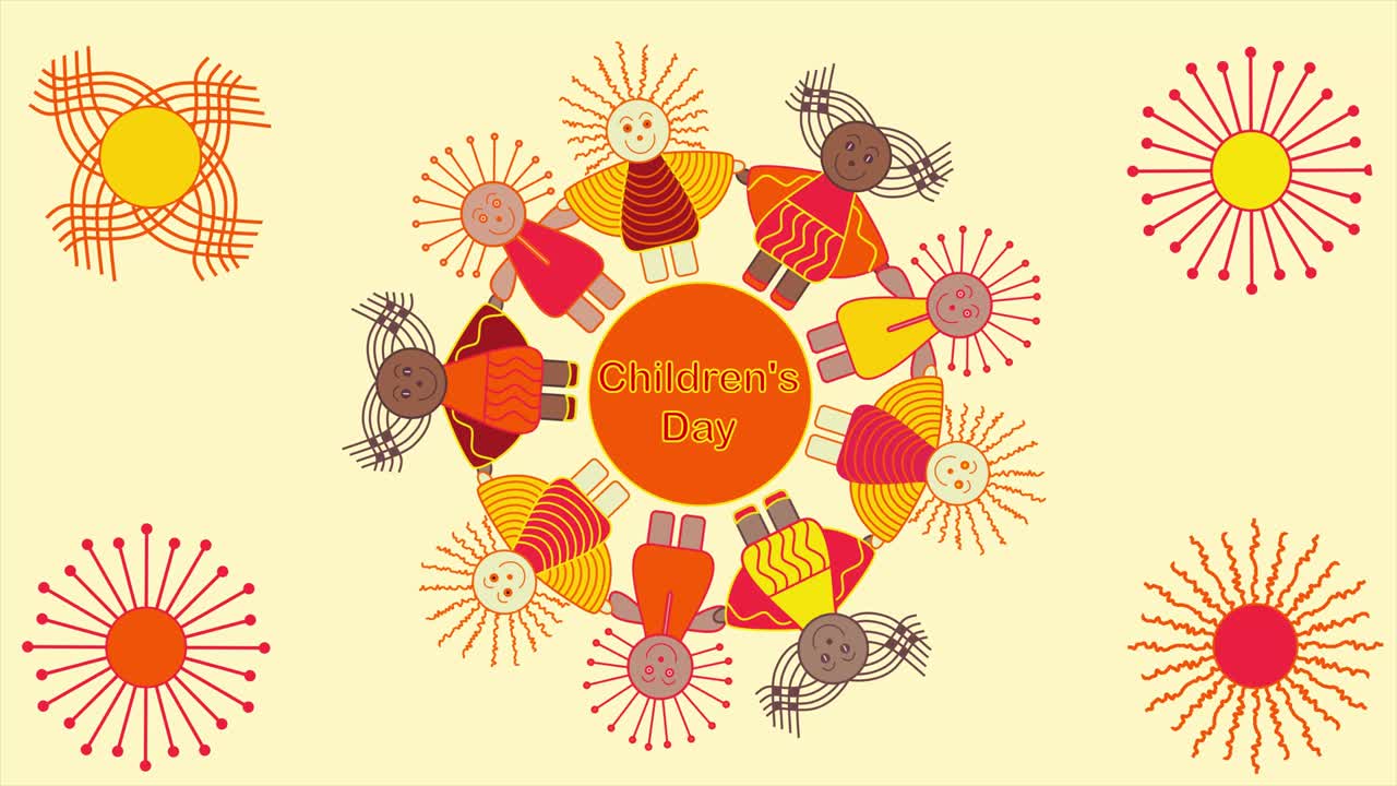 International Children's Day. Animated greetings. Children of different nationalities and skin color hold hands. Swirling around the Earth. Sun's rays grow in the sun. Text Childrens Day. Concept