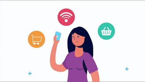 mujer que utiliza la tecnología de marketing de redes sociales de teléfonos inteligentes