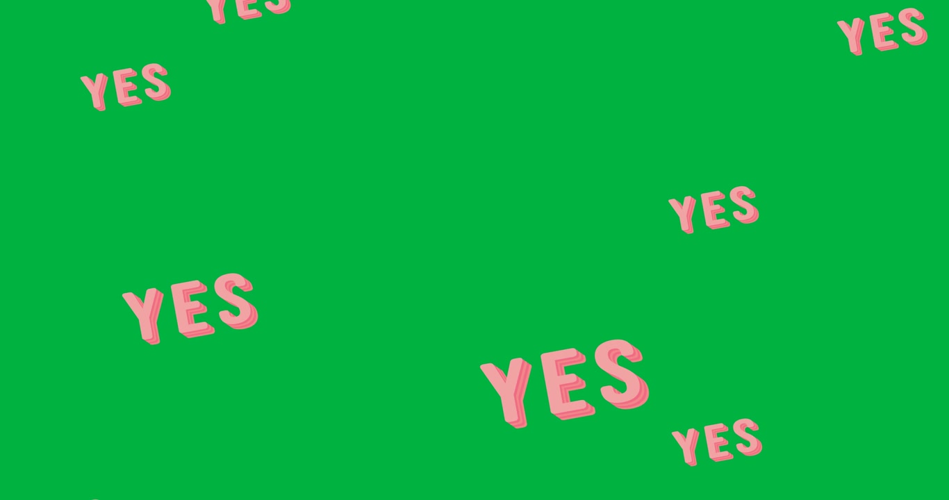 Digital animation of multiple yes text banners falling against black background