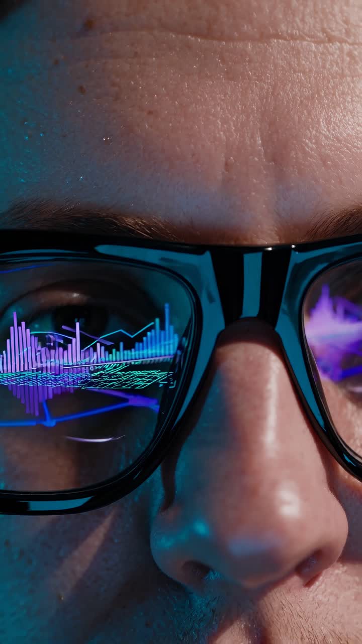Close-up angle of futuristic glasses reflecting digital data, conveying a high-tech video concept